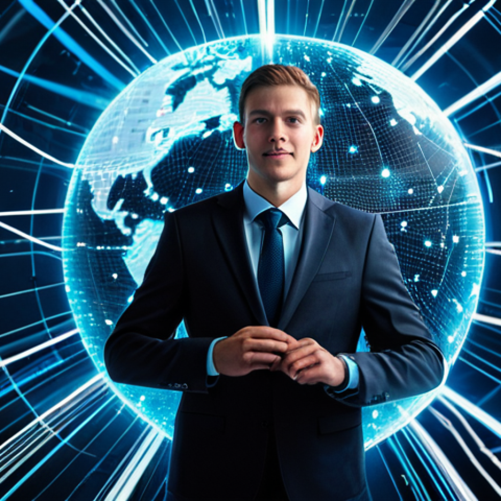A professional, tech-savvy individual, fully clothed in a modern, sleek business suit, stands confidently amidst a dynamic, glowing network of interconnected digital nodes and lines, symbolizing blockchain technology and global finance. The background shows a subtle, fast-moving data flow across a digital globe. The individual is looking forward, representing innovation and future-forward thinking. The image should convey speed, transparency, and global accessibility. safe for work, appropriate content, modest clothing, professional, perfect anatomy, correct proportions, natural pose, well-formed hands, proper finger count, natural body proportions, professional photography, high quality.