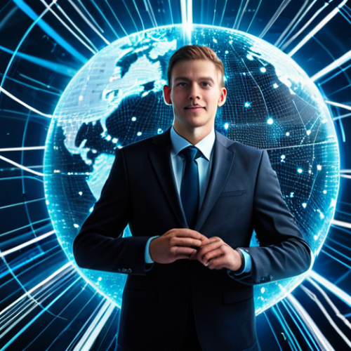Home 4 A professional, tech-savvy individual, fully clothed in a modern, sleek business suit, stands confidently amidst a dynamic, glowing network of interconnected digital nodes and lines, symbolizing blockchain technology and global finance. The background shows a subtle, fast-moving data flow across a digital globe. The individual is looking forward, representing innovation and future-forward thinking. The image should convey speed, transparency, and global accessibility. safe for work, appropriate content, modest clothing, professional, perfect anatomy, correct proportions, natural pose, well-formed hands, proper finger count, natural body proportions, professional photography, high quality.