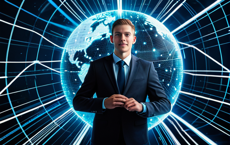 A professional, tech-savvy individual, fully clothed in a modern, sleek business suit, stands confidently amidst a dynamic, glowing network of interconnected digital nodes and lines, symbolizing blockchain technology and global finance. The background shows a subtle, fast-moving data flow across a digital globe. The individual is looking forward, representing innovation and future-forward thinking. The image should convey speed, transparency, and global accessibility. safe for work, appropriate content, modest clothing, professional, perfect anatomy, correct proportions, natural pose, well-formed hands, proper finger count, natural body proportions, professional photography, high quality.